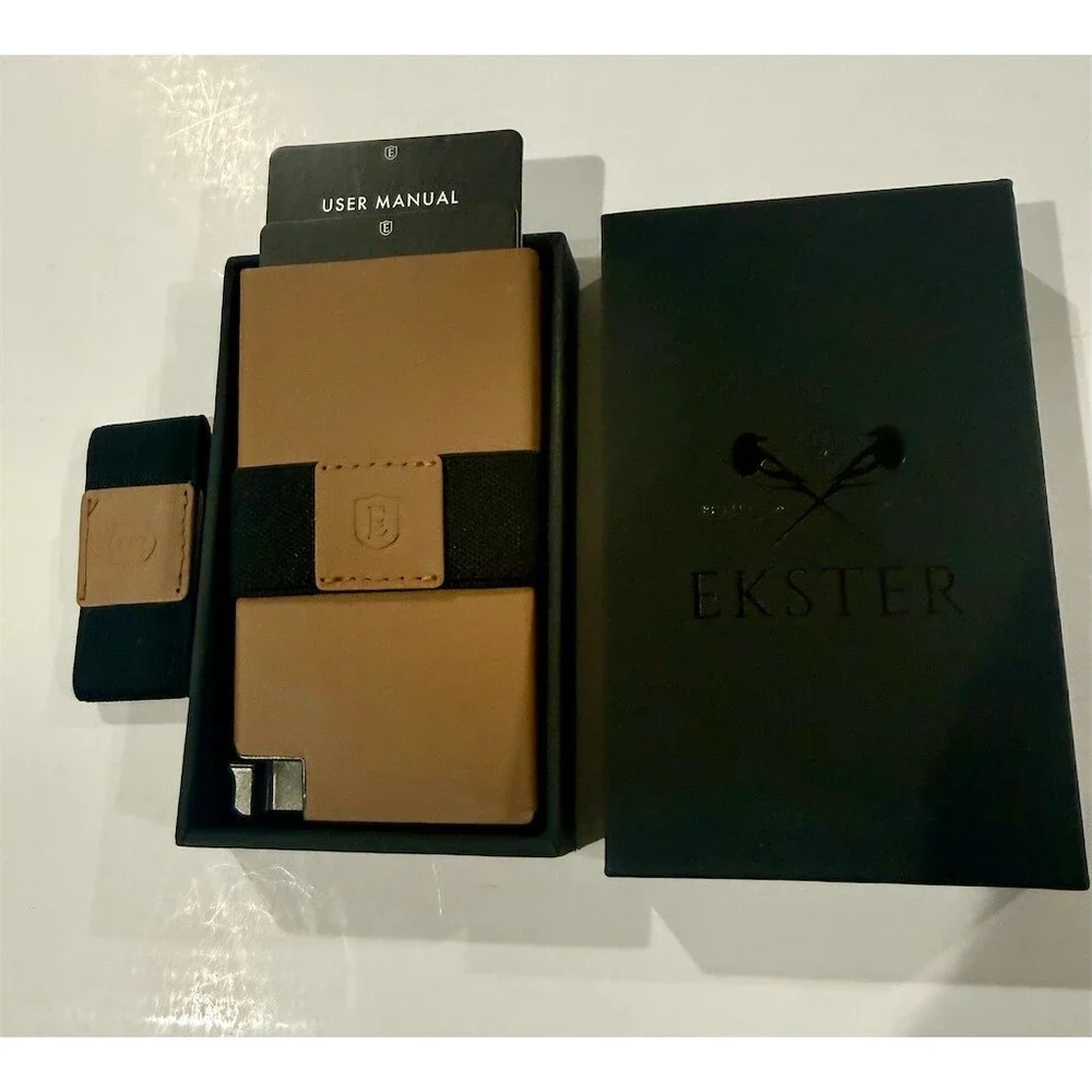 $99 Ekster Parliament RFID Slim Wallet Brown Pop-Up Cardholder Strap w/ gift Box